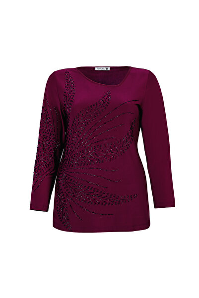 MİYORO Plus Size Women's Blouse with Asymmetric Collar and Stone Detail