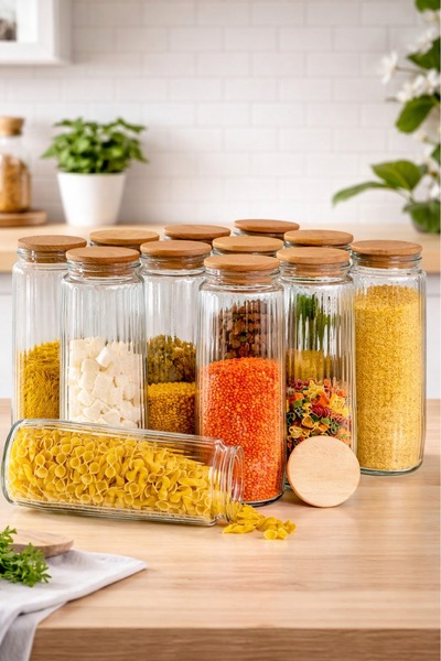 Evalins Lignora 12-Piece Glass Jar Set with Wooden Lid, Vacuum Lid Legume Set...