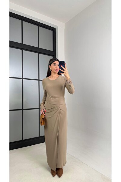 Gaus Vizon Yırtmaç Detaylı Astarlı Sandy Kumaş Elbise GAUS-00949