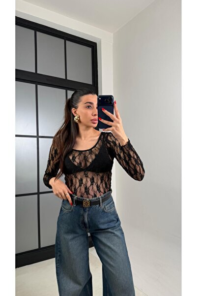 Gaus Siyah Yuvarlak Yaka Dantel Bluz GAUS-00933