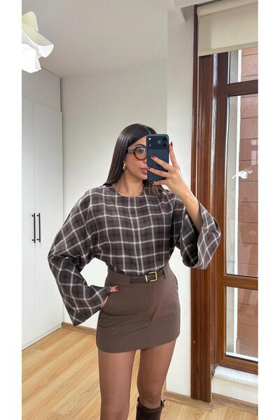 Gaus Kahve Ekoseli Muadil Bluz GAUS-00721