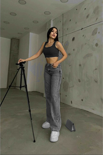 kleshus Anthracite Casual Women's High Waist Palazzo Jeans Stretch Fabric Str...