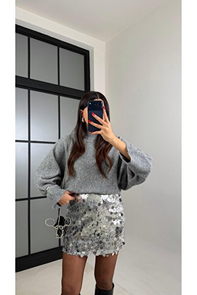 Gaus Gri Pul Detaylı Astarlı Mini Etek GAUS-00935