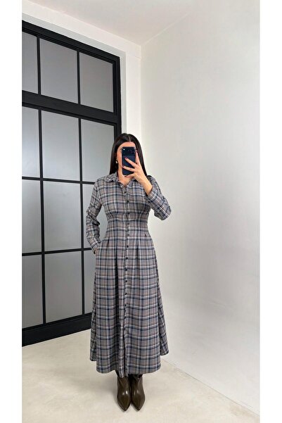 Gaus Lacivert Belden Oturtmalı Ekose Elbise GAUS-00762