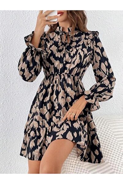 Giyimodam Women's Hem Ruffles Front Lace up V Neck Single Jersey Dress