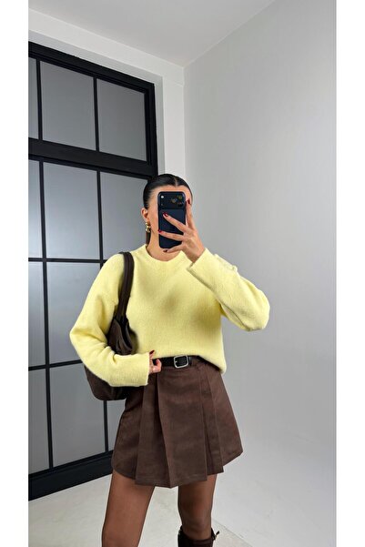 Gaus Kahve Pileli Kemerli Süet Şort Etek GAUS-00630