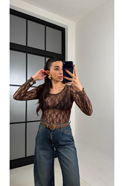 Gaus Kahve Yuvarlak Yaka Dantel Bluz GAUS-00933