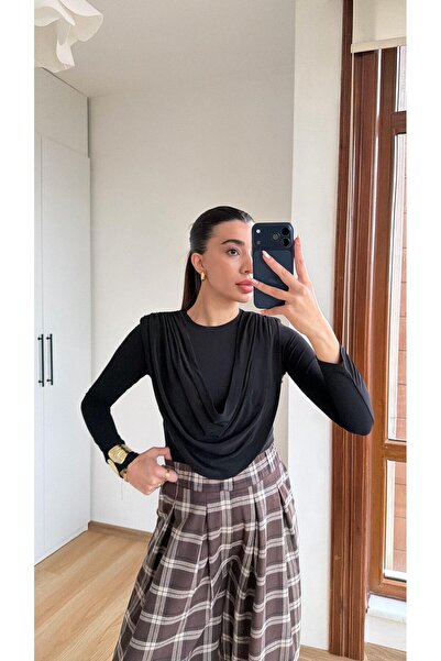 Gaus Siyah Vatkalı Drapeli Bluz GAUS-00841