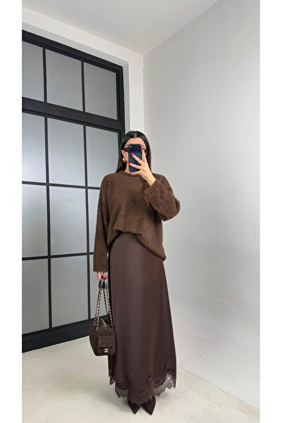 Gaus Kahve Dantel Detaylı Saten Etek GAUS-00999