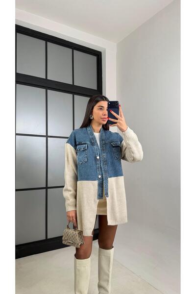 Gaus Taş Denim Detaylı Triko Hırka GAUS-01002