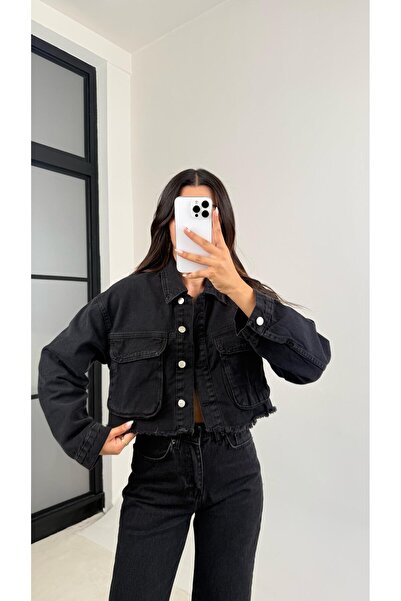 Gaus Füme ZR Model Cep Detaylı Crop Denim Ceket GAUS-0078
