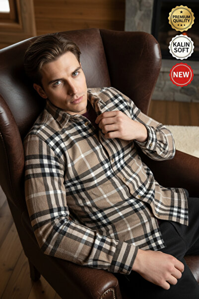 Teenage Millionaire Men's Beige Black White 3-Line Plaid Lumberjack Thick Sof...