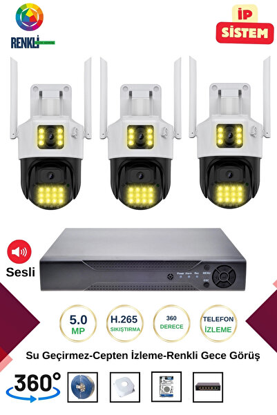 OEM İrtech-3 Kameralı 360 Derece Sesli İp Güvenlik Kamera Seti Renkli Gece Gö...