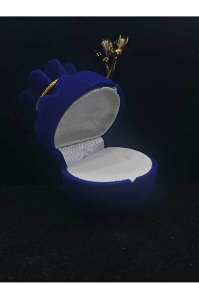 sarıyer silver Drawstring Embroidered Navy Blue Velvet Ring Box with Pouch De...