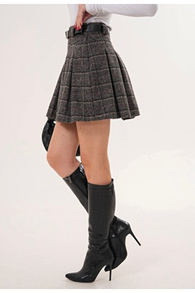 ABAGlobal Kadın Gri Ekose Pileli Mini Etek – Yüksek Bel
