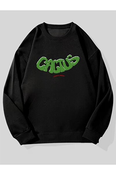 Oceanwear سويت شيرت كاكتوس مطبوع برقبة دائرية مبطن بالصوف أسود سادة