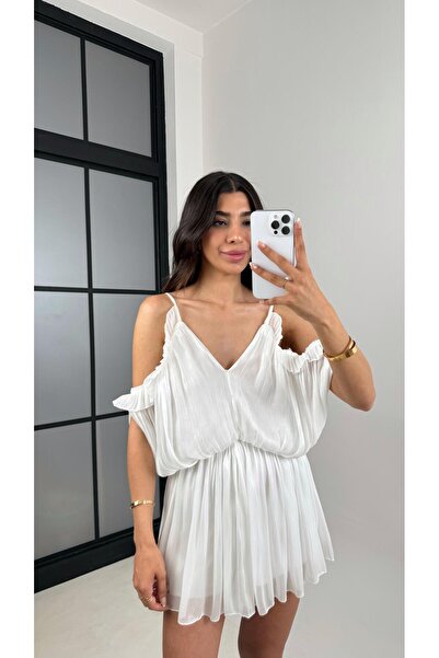 Gaus Beyaz Ayarlanabilir Askılı Parlak Şifon Tasarım Tulum Gaus00620