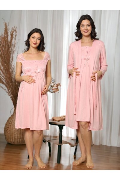 AYLAMLİNGERİE Kadın Hamile ve Lohusa Kısa Kol 2 li Dantelli Sabahlık Gecelik ...