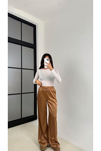Gaus Kahve Beli Lastikli Cepli Saten Pantolon GAUS-0090