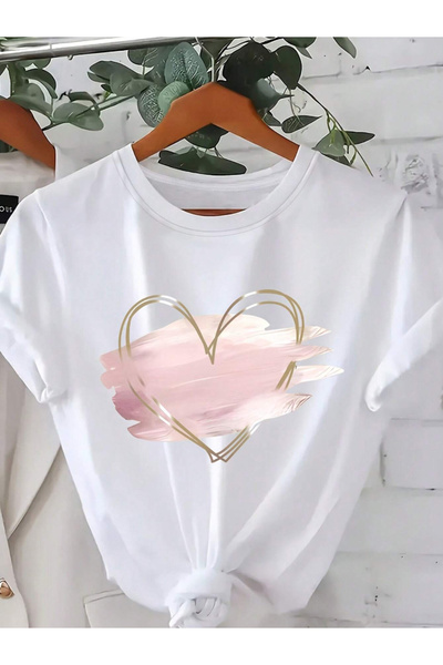 one button تي شيرت عادي برقبة دائرية للجنسين من Pink Heart مطبوع مصنوع من الق...