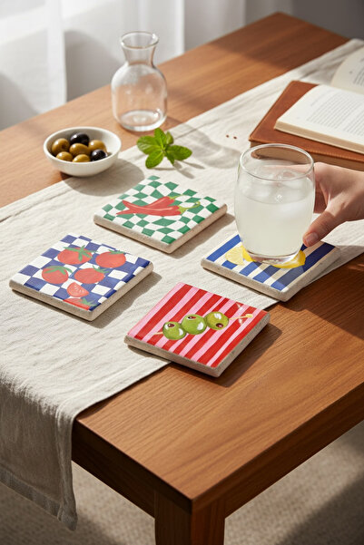 Baumatelier Lemon Pepper Olive and Tomato Themed Natural Stone Travertine Coa...