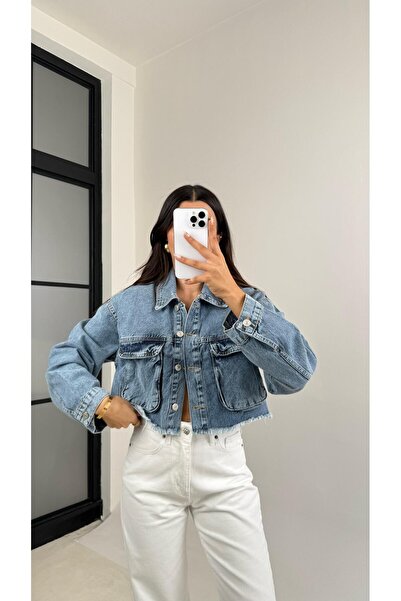Gaus Mavi ZR Model Cep Detaylı Crop Denim Ceket GAUS-0078