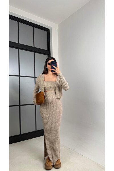 Gaus Vizon Hırka Crop Beli Lastikli Yırtmaç Detaylı Etek Triko Takım GAUS-00969