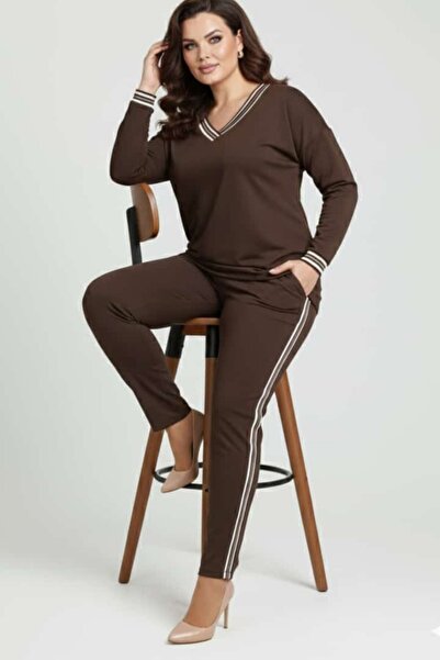 sinemisxxl V-Neck Narrow Leg Stretch Fabric Coffee Set