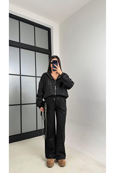 Gaus Siyah Hırka Beli Lastikli Eşofman Şardonlu Premium Simli Takım GAUS-01013