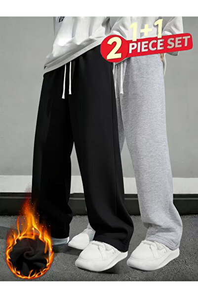 yx yustex sport Şardonlu Kışlık Erkek 2 Adet Siyah + Gri Eşofman Altı Bol Paç...