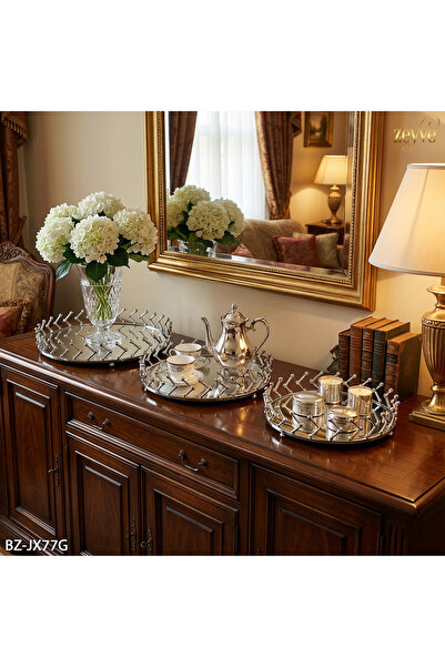 Hinora Metal Yön Desen Aynalı Yuvarlak Dekoratif Orta Masa 3Lü Tepsi Seti 27-...