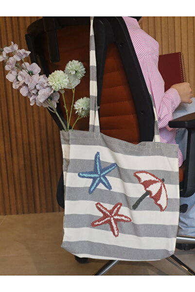 ARCOSTA El Yapımı Punch Nakışlı Plaj Çantası - Deniz Yıldızı ve Şemsiye Desen...