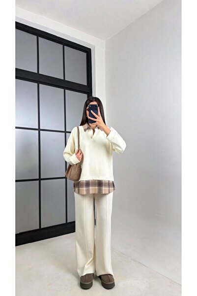 Gaus Ekru Gömlek Taş Detaylı Kazak Beli Lastikli Pantolon Örme Takım GAUS-00831