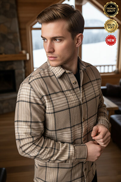 Teenage Millionaire Men's Beige White Black Striped Plaid Lumberjack Thick So...