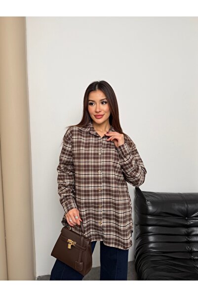 Hatun Atila Women's Plaid Patterned Oversized Shirt 8968 - Brown-Ecru