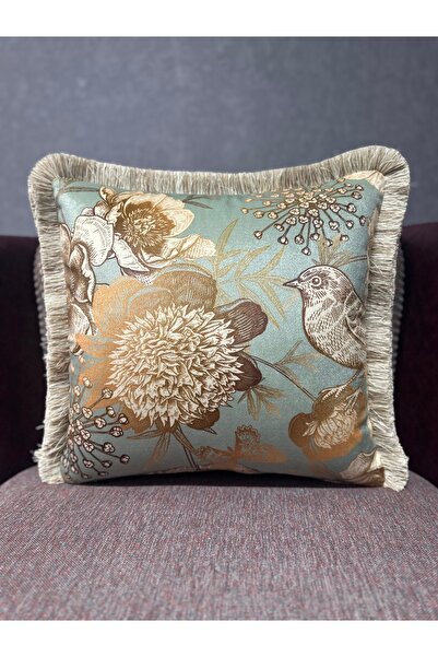 Fabricland Tasseled Imported Silk Velvet Bird Pattern Mint Green Throw Pillow...