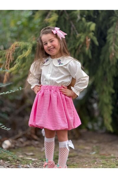 YİGİT BUTİK Set pentru fetiță cu fustă cu volane și cămașă brodată