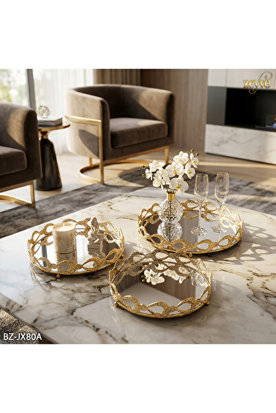 Hinora Metal Hasır Desen Aynalı 3Lü Yuvarlak Tepsi Seti Dekor Orta Masa Tepsi...