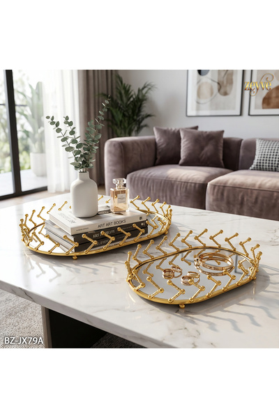 Hinora Metal Yön Desen Aynalı Oval Dekoratif Orta Masa 2Li Tepsi Seti 26x36cm...