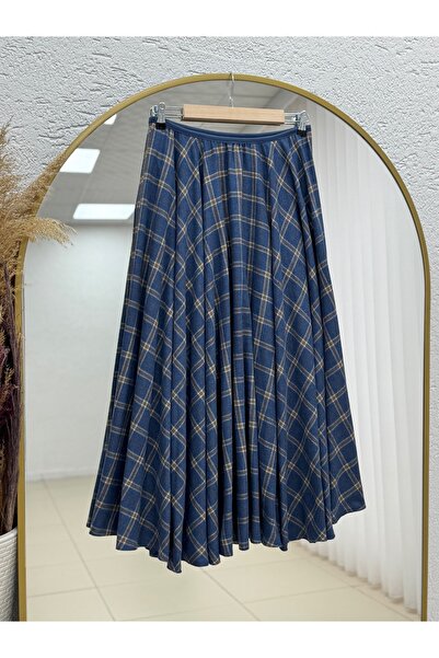 MİHRA STORE Selvi Elastic Waist Flared Plaid Skirt-Fa1041 Navy Blue