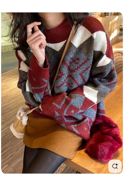 Gülce moda Kadın Renkli Desenli Oversize Salaş Triko Kazak