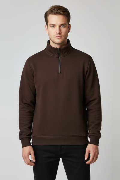 assef Men's Half Zipper Mock Neck Fleece-Lined Cotton Relaxed Fit Sweatshirt