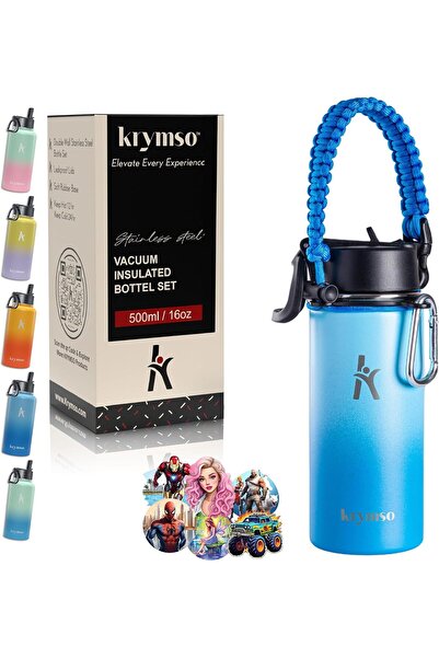 Krymso 500ml Stainless Steel Water Bottle with Ai Stickers for Kids with Stra...