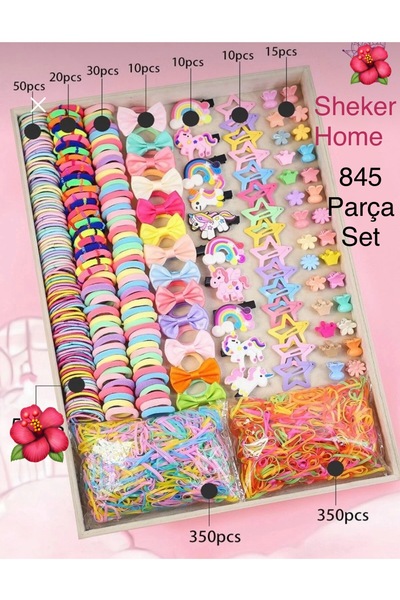 SHEKER HOME 845 Parça Kız Çocuk Saç Aksesuar Seti – Renkli Toka & Lastik Seti