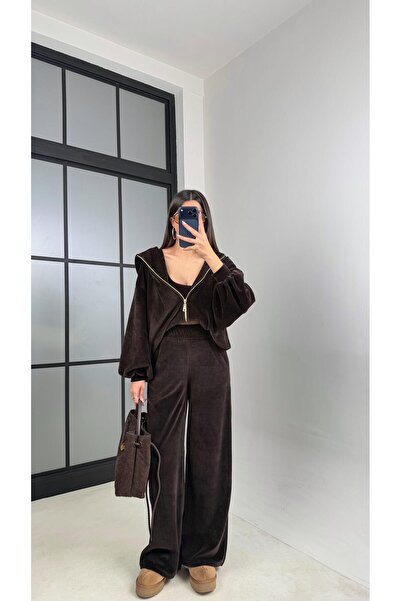 Gaus Acı Kahve Kapüşonlu Hırka Crop Beli Lastikli Pantolon 3'lü Kadife Takım ...