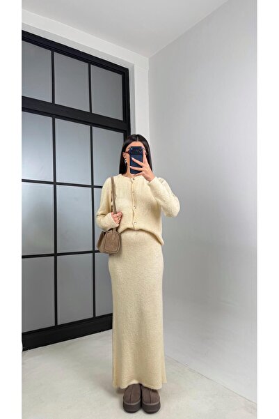 Gaus Bej Hırka Beli Lastikli Etek Triko takım GAUS-00853