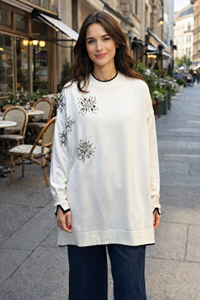 Lale Butik Stone Embroidered Mercerized Tunic 17044 Ecru