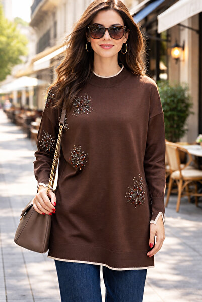Lale Butik Stone Embroidered Mercerized Tunic 17044 Brown