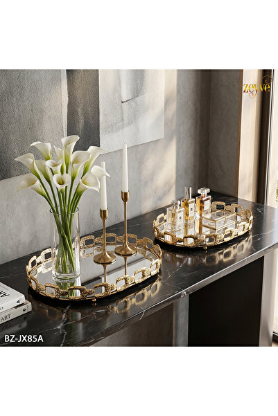 Hinora Metal Kare Hasır Desen Aynalı 2Li Oval Tepsi Seti Dekor Orta Masa Teps...