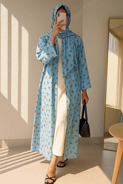 MayaCloset Floral Print Blue Abaya & Kimono With Inner & Sheila
